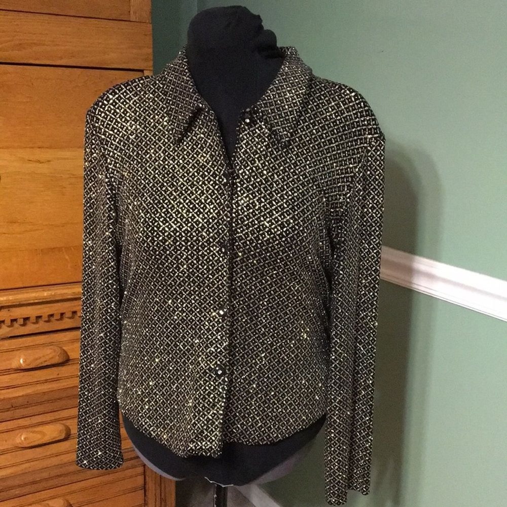 Ronni Nicole by‎ Ouida Black Silver Metallic Geometric Button Front Blouse 16